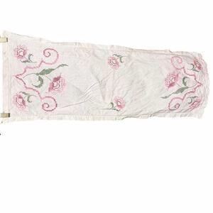 Vintage Handmade Cross Stitch Floral Table Runner Cottagecore Folk Decor prairie